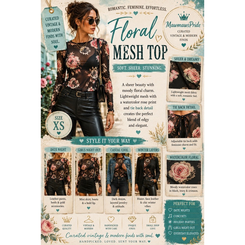 LC Lauren Conrad‎ Floral Mesh Top XS Black Rose Watercolor Sheer Tie Back Blouse